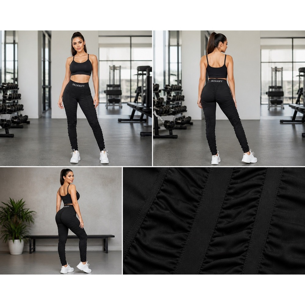 Skinnify Women's Resistance Band Black Ruched Gym Yoga Workout Leggings Medium